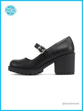 Mary Jane Pump Mid Chunky Block Heel Lug Sole Adjustable Strap Vegan Leather